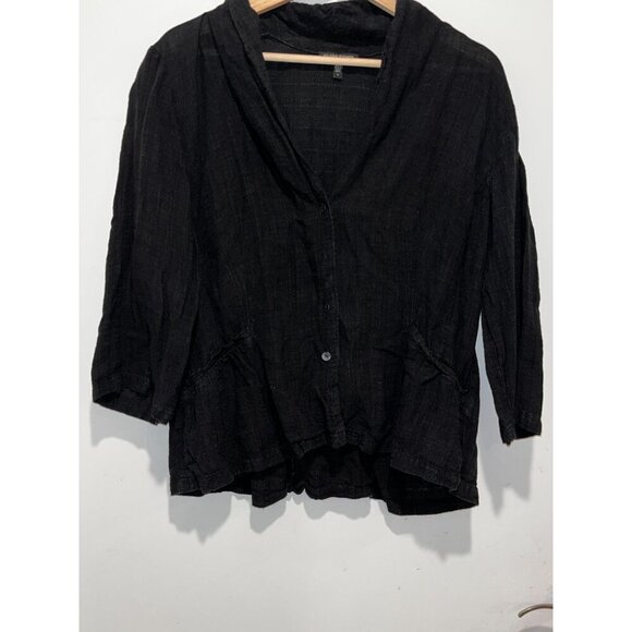 Eileen Fisher Black Linen Blend Button-Front Tunic 3/4 Sleeves Women's Top L - Picture 3 of 8